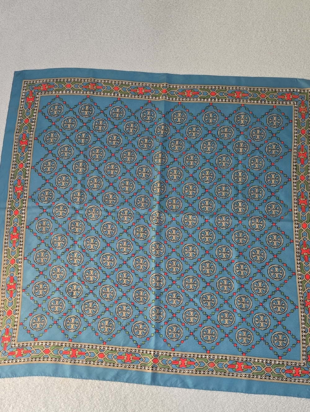 Tory Burch Blue Logo-Pattern Silk Scarf 36x36